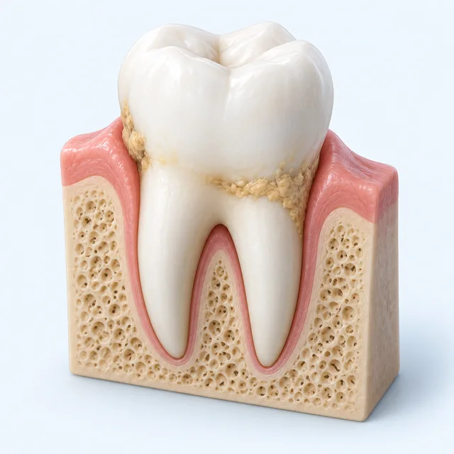 Deposits at the gumline — illustrative 3D rendering