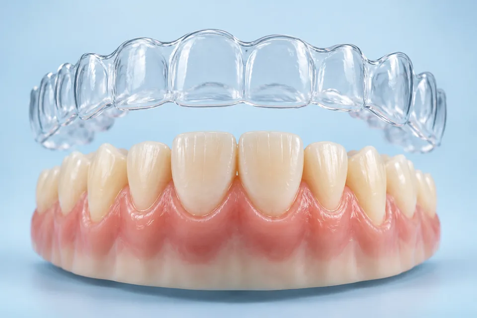 A realistic 3D teaching illustration of a separate clear aligner shell hovering above a dental model