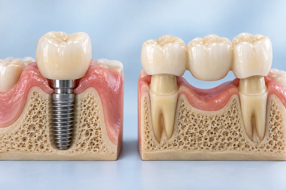 Realistic 3D teaching models with simplified anatomy comparing implant support with a bridge supported by neighbouring teeth