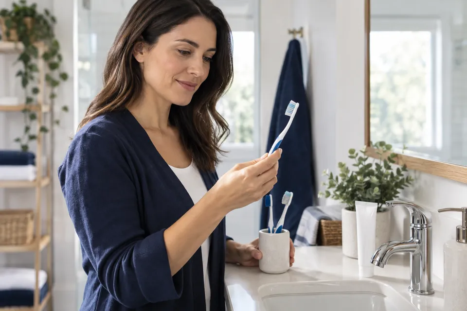 Preparing for gentle brushing with a soft-bristled toothbrush