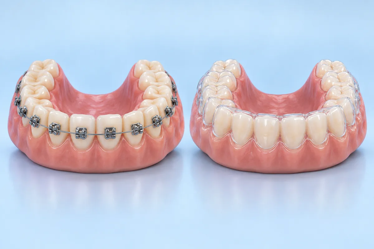 Realistic 3D dental teaching models showing fixed brackets and wires alongside a clear aligner — AI-generated illustrative image