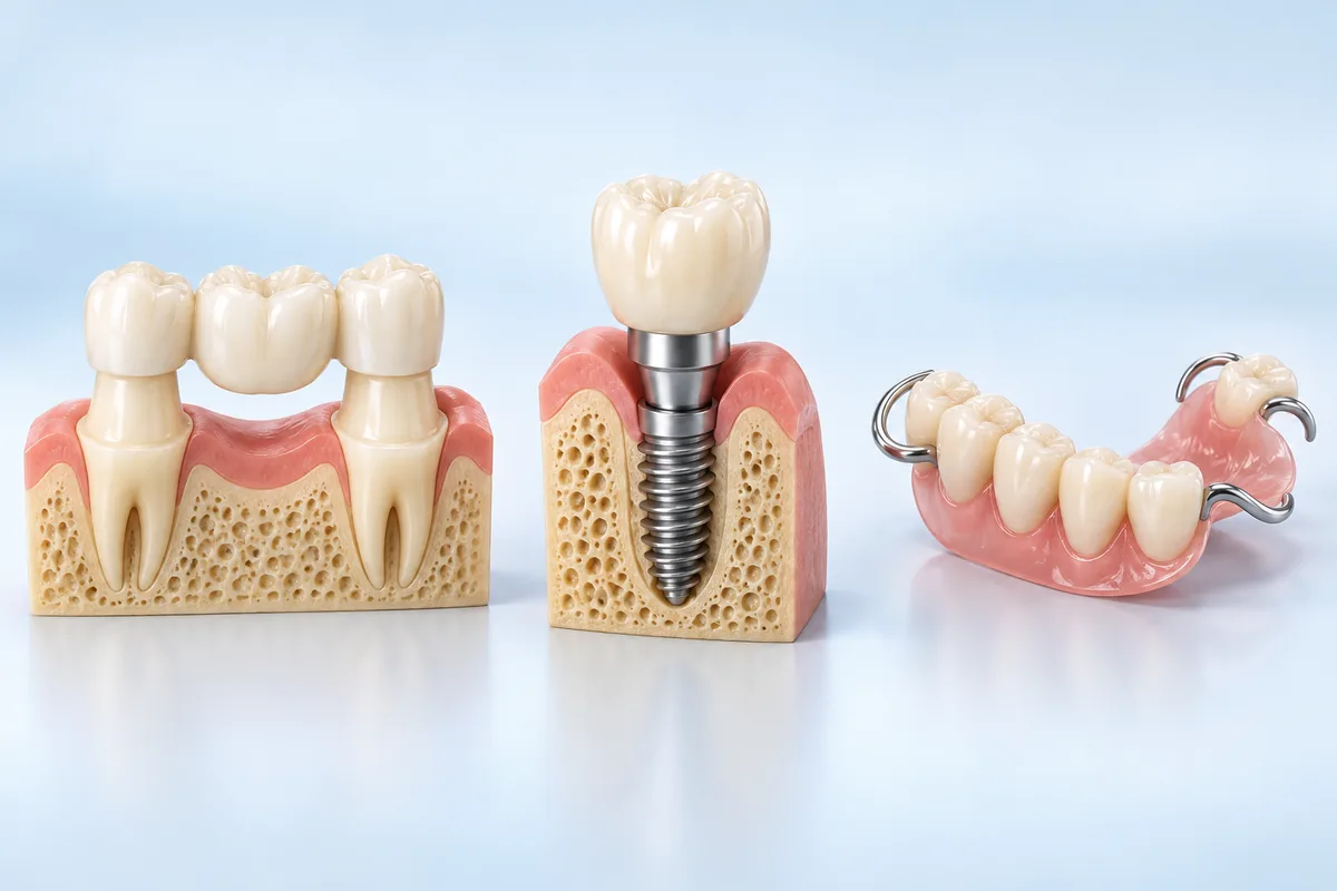 Realistic three-dimensional teaching models of a tooth-supported bridge, an implant-supported crown and a removable partial denture