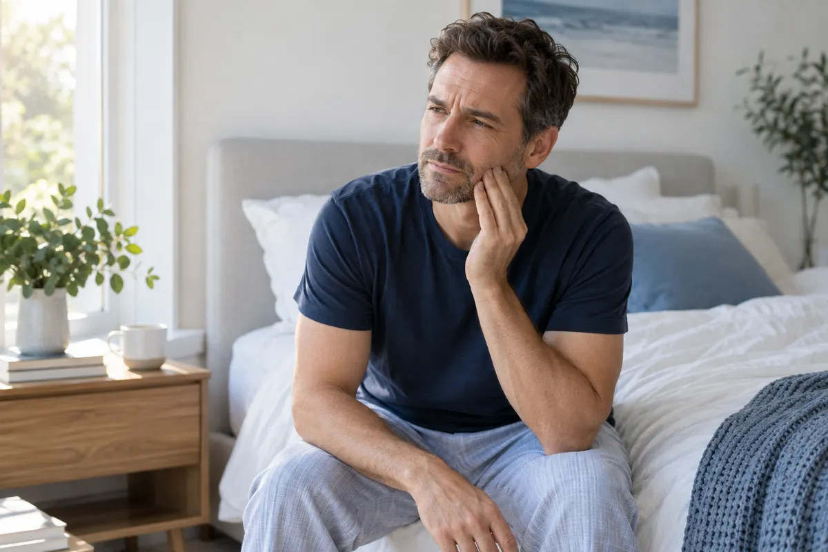 A man touching his jaw while sitting on the edge of his bed — AI-generated illustrative image