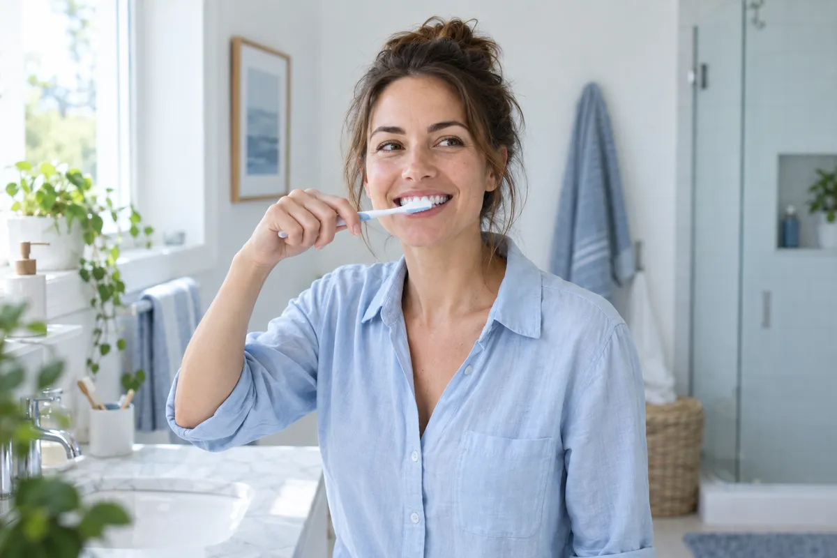 A woman brushing her teeth at home — AI-generated illustrative image