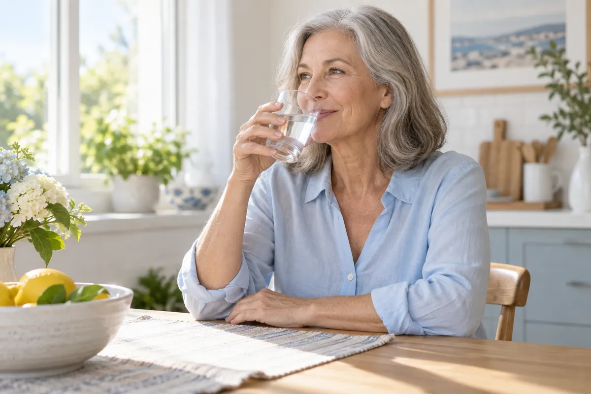 An older woman drinking water at home — AI-generated illustrative image