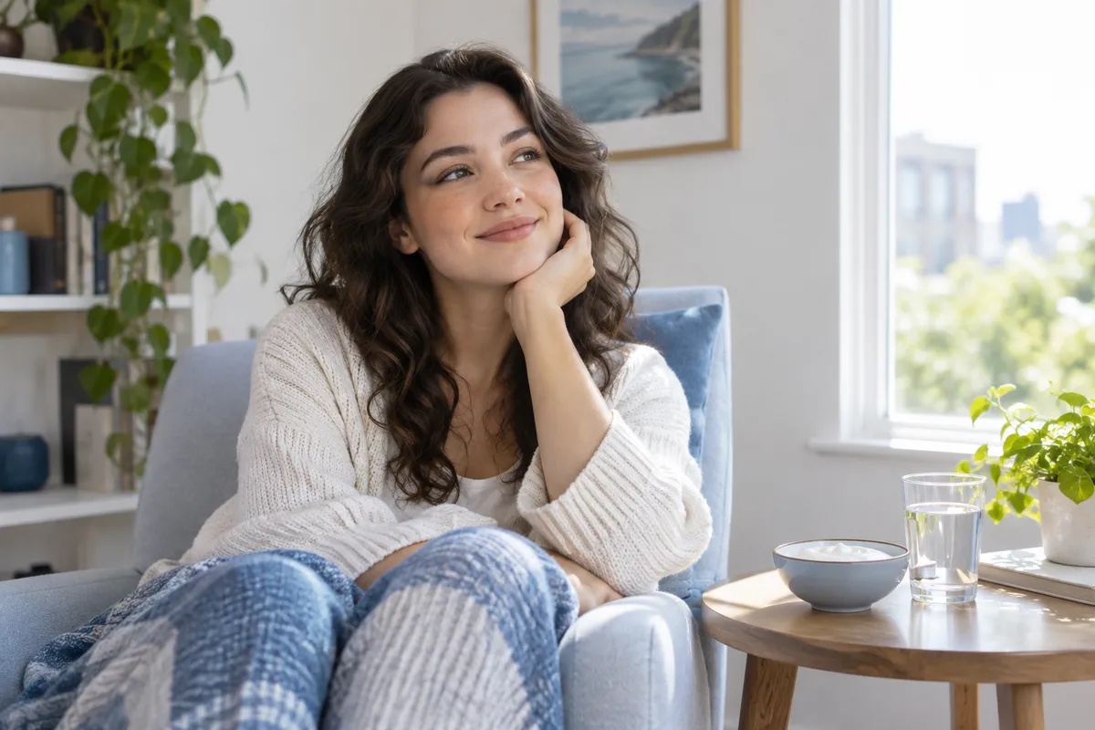 A woman resting at home with water and soft food nearby — AI-generated illustrative image