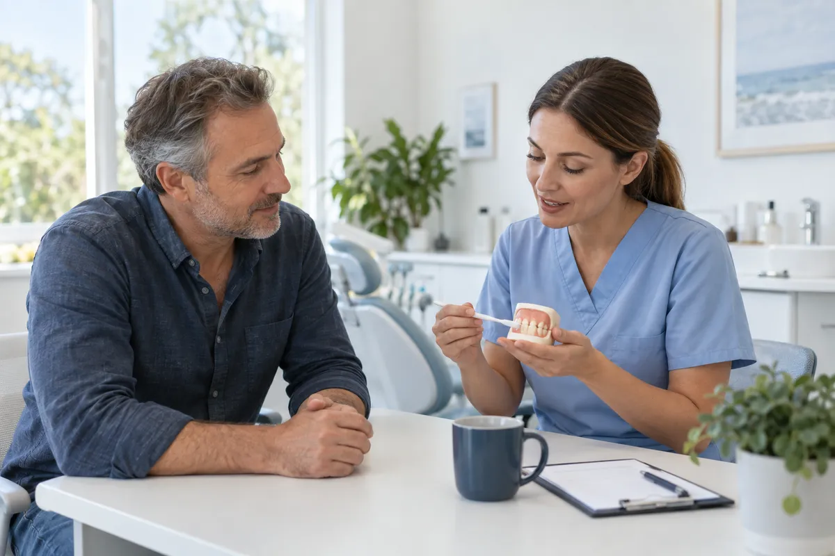 A dentist discussing gum care with a patient using a dental model — AI-generated illustrative image