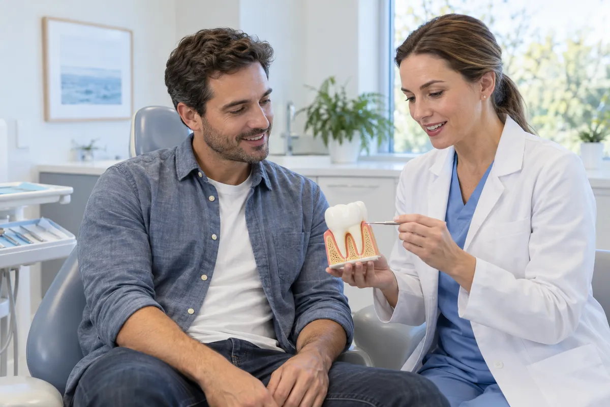 A patient discussing a tooth model with a dentist — AI-generated illustrative image