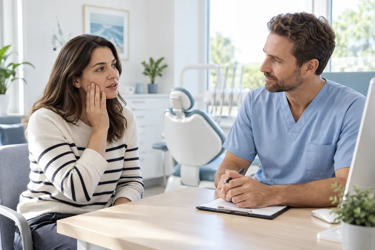 A woman describing tooth discomfort to a dentist — AI-generated illustrative image